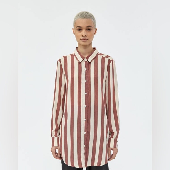 Stelen Tops - Stelen Oversized Striped Button Up Tie Bow Back Shirt - Mauve/Oat